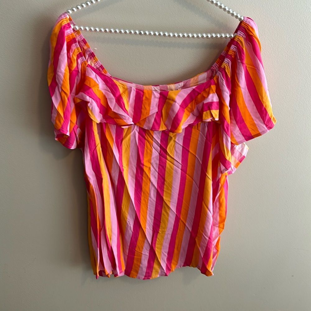 NEW Emily Wonder Blouse 2X Pink Orange Striped Flutter Sleeve Square Neck Top